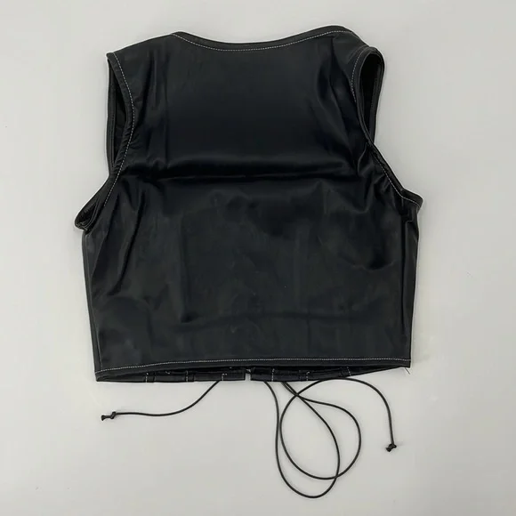 𝅺black Vegan Leather Cropped Tank Corset Lace Up Top Overstitching - Picture 6 of 6